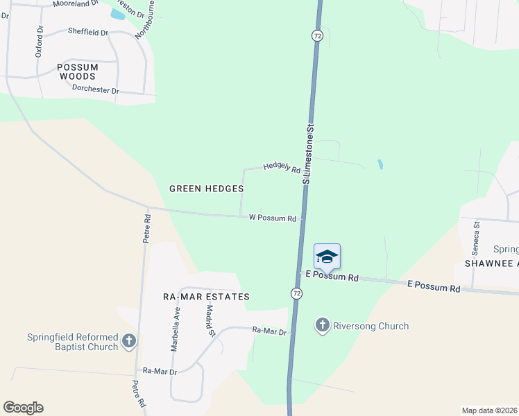 map of restaurants, bars, coffee shops, grocery stores, and more near 26 West Possum Road in Springfield