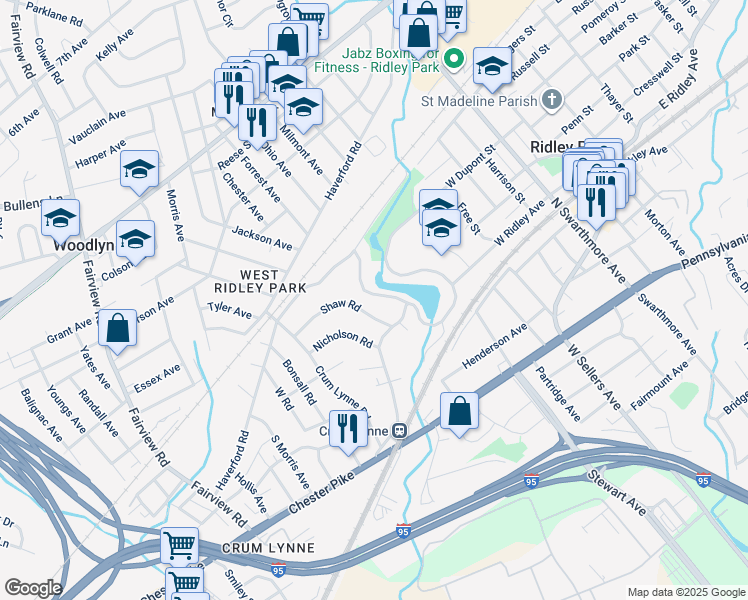 map of restaurants, bars, coffee shops, grocery stores, and more near 324 Glenloch Road in Ridley Park