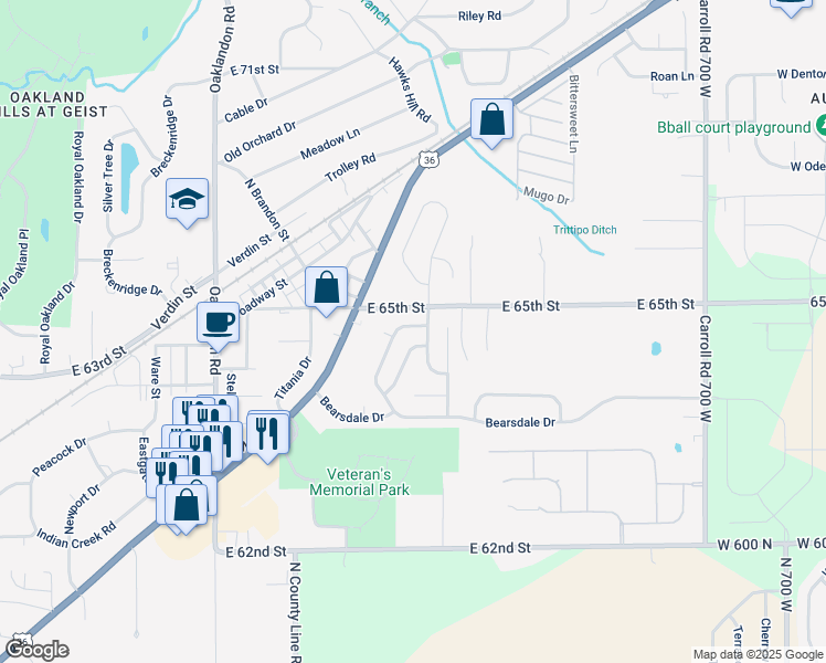 map of restaurants, bars, coffee shops, grocery stores, and more near 6451 Blakeview Drive in Indianapolis
