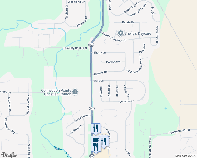 map of restaurants, bars, coffee shops, grocery stores, and more near 7541 Acre Lane in Brownsburg