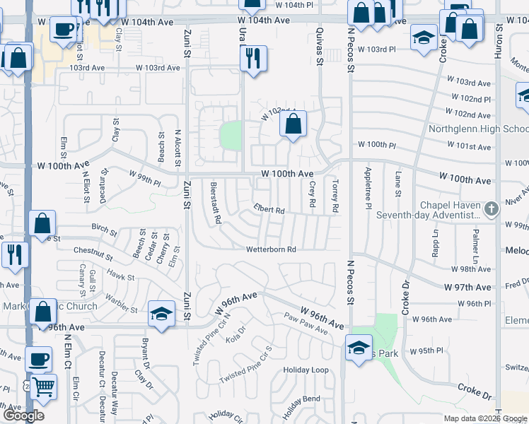 map of restaurants, bars, coffee shops, grocery stores, and more near 2100 West 100th Avenue in Thornton