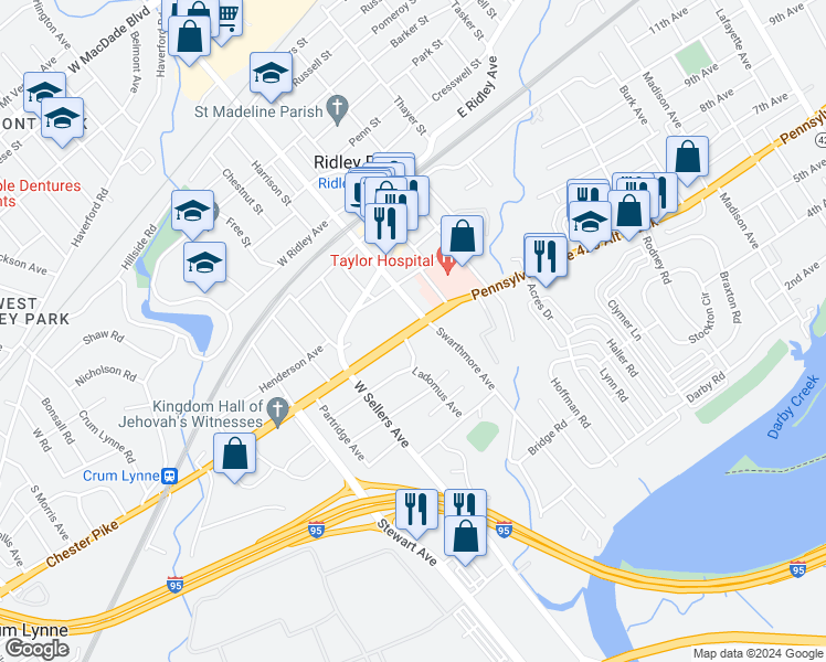 map of restaurants, bars, coffee shops, grocery stores, and more near 2 East Chester Pike in Ridley Park