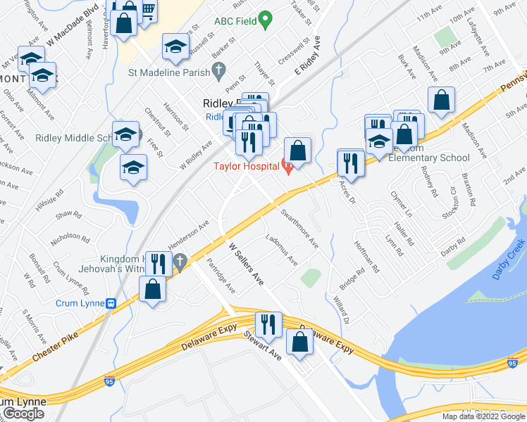 map of restaurants, bars, coffee shops, grocery stores, and more near 1 West Chester Pike in Ridley Park