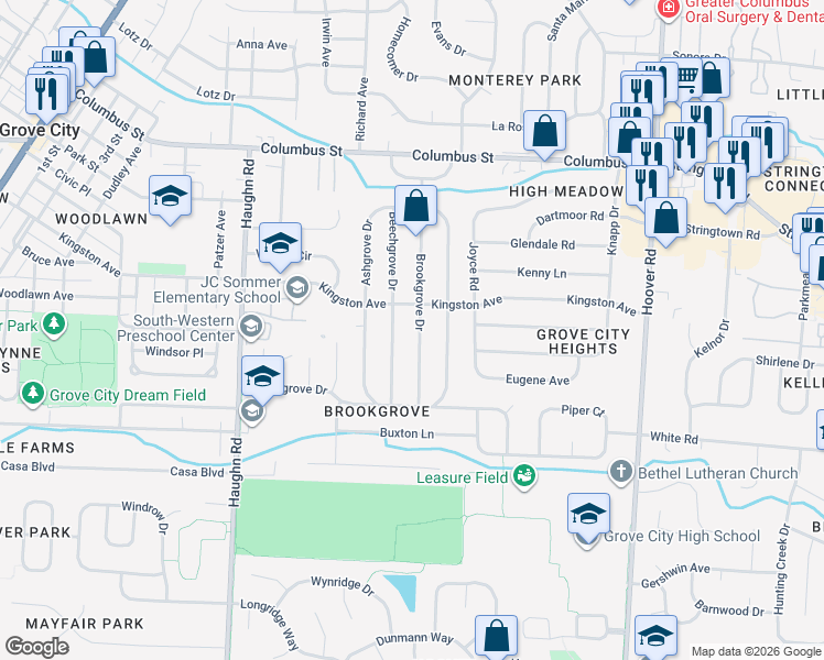 map of restaurants, bars, coffee shops, grocery stores, and more near 4295 Brookgrove Drive in Grove City