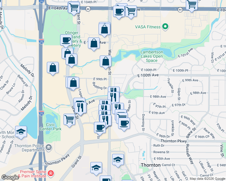 map of restaurants, bars, coffee shops, grocery stores, and more near 803 East 98th Avenue in Thornton