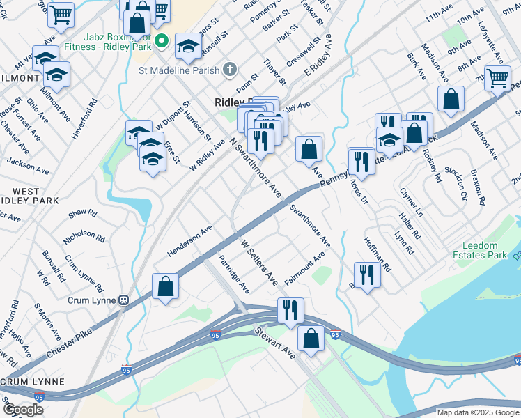 map of restaurants, bars, coffee shops, grocery stores, and more near 17 West Chester Pike in Ridley Park