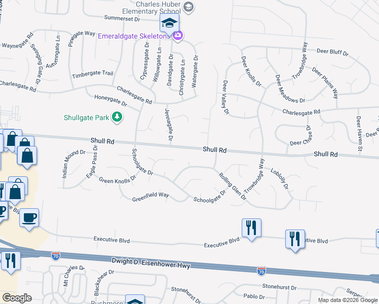 map of restaurants, bars, coffee shops, grocery stores, and more near 8416 Pinto Point Place in Dayton