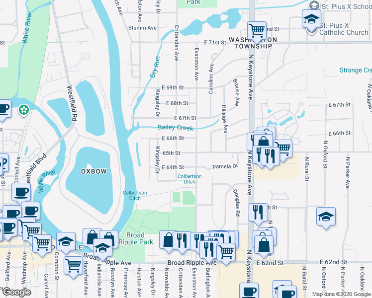 map of restaurants, bars, coffee shops, grocery stores, and more near 1904 East 65th Street in Indianapolis