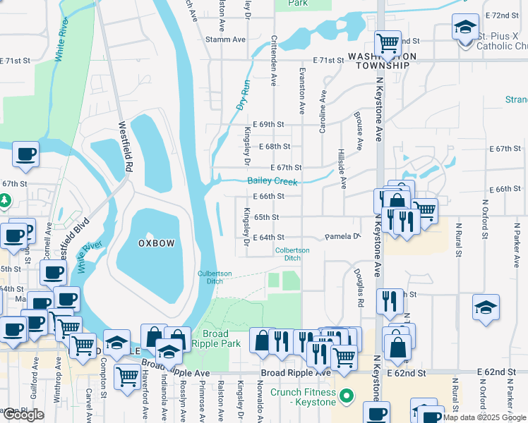 map of restaurants, bars, coffee shops, grocery stores, and more near 1904 East 65th Street in Indianapolis