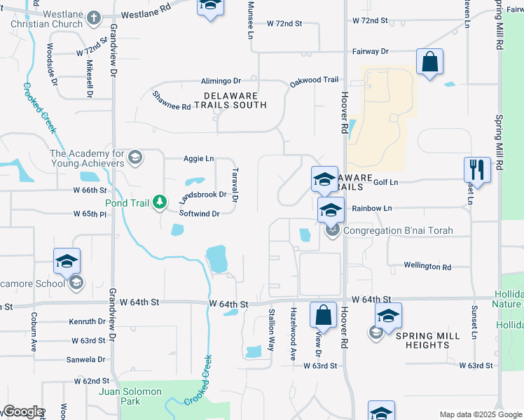 map of restaurants, bars, coffee shops, grocery stores, and more near 6513 Woodmere Circle in Indianapolis