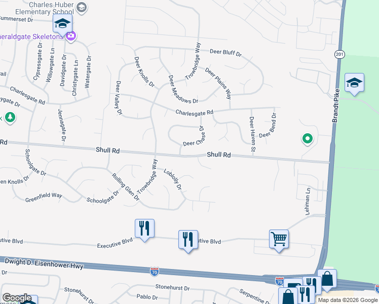 map of restaurants, bars, coffee shops, grocery stores, and more near 6821 Shull Road in Dayton