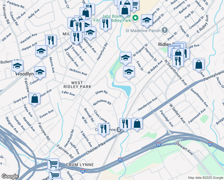 map of restaurants, bars, coffee shops, grocery stores, and more near 324 Glenloch Road in Ridley Park