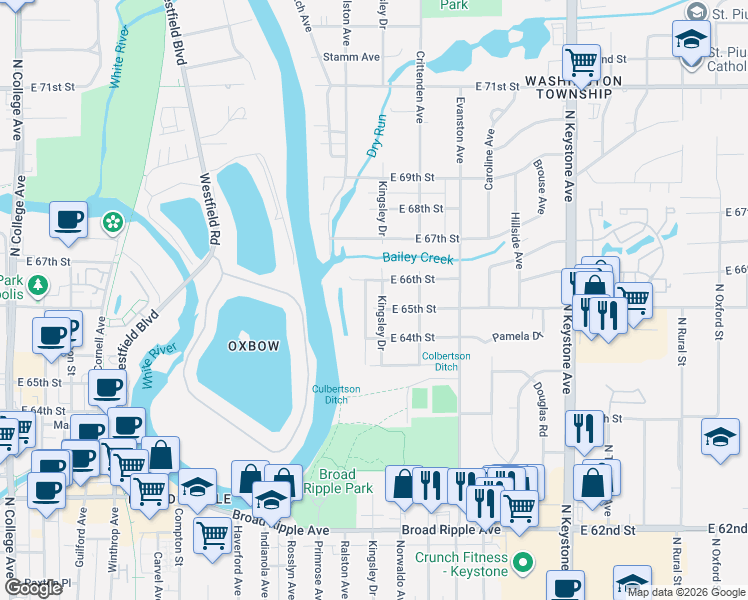 map of restaurants, bars, coffee shops, grocery stores, and more near 1808 East 65th Street in Indianapolis