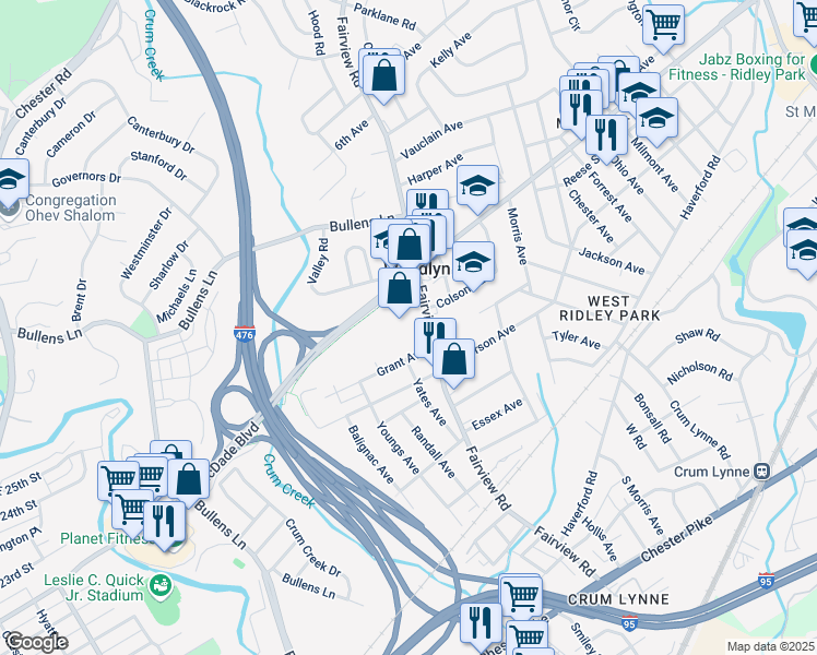map of restaurants, bars, coffee shops, grocery stores, and more near 1312 MacDade Boulevard in Woodlyn