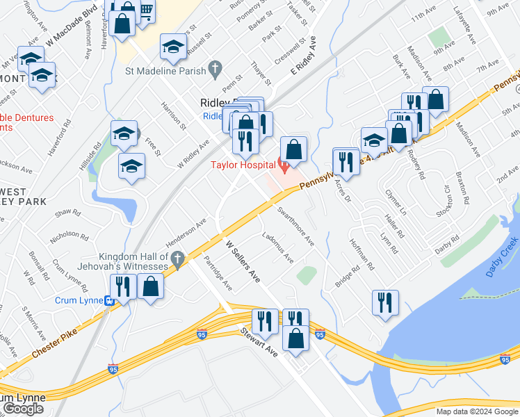 map of restaurants, bars, coffee shops, grocery stores, and more near 1 Chester Pike in Ridley Park