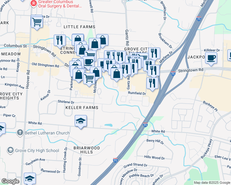 map of restaurants, bars, coffee shops, grocery stores, and more near in Grove City
