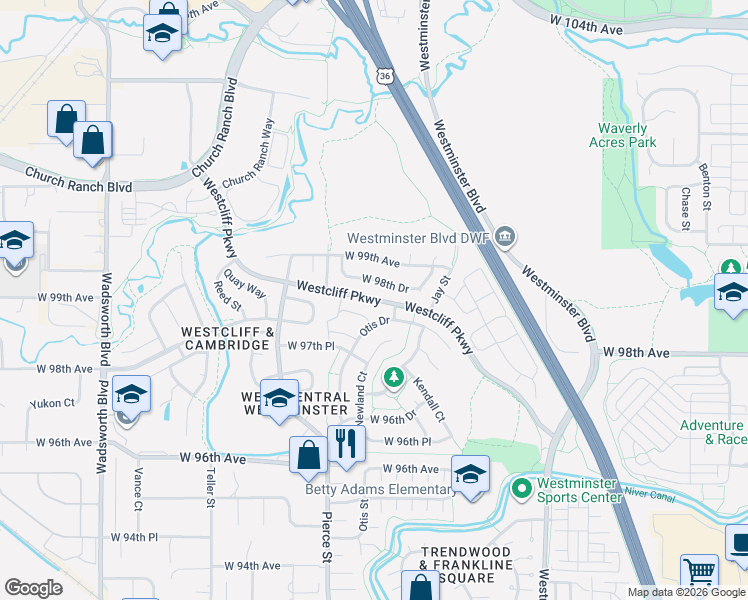 map of restaurants, bars, coffee shops, grocery stores, and more near Westcliff Parkway in Westminster