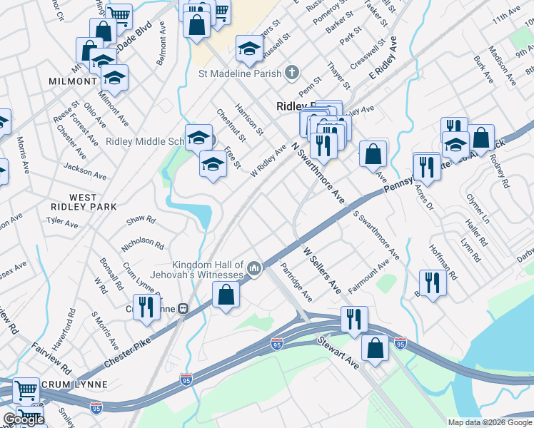 map of restaurants, bars, coffee shops, grocery stores, and more near 102 Poplar Walk in Ridley Park