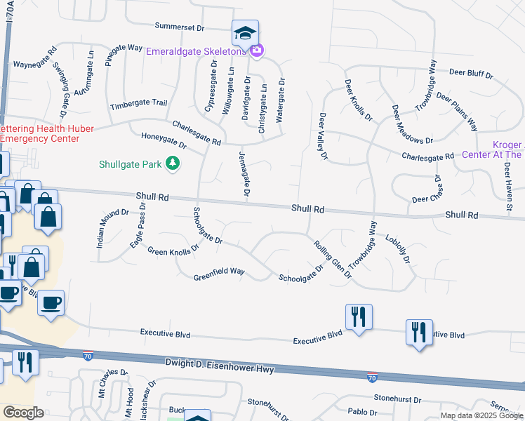 map of restaurants, bars, coffee shops, grocery stores, and more near 6304 Shull Road in Huber Heights