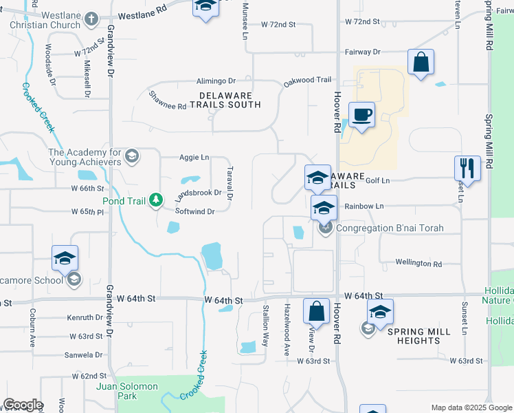 map of restaurants, bars, coffee shops, grocery stores, and more near 6513 Woodmere Circle in Indianapolis