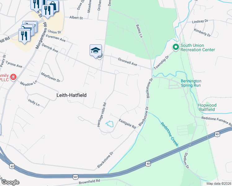 map of restaurants, bars, coffee shops, grocery stores, and more near 100 Concord Place in Uniontown