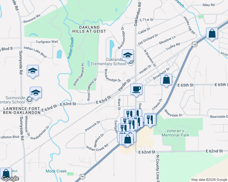 map of restaurants, bars, coffee shops, grocery stores, and more near 11600 East 63rd Street in Indianapolis