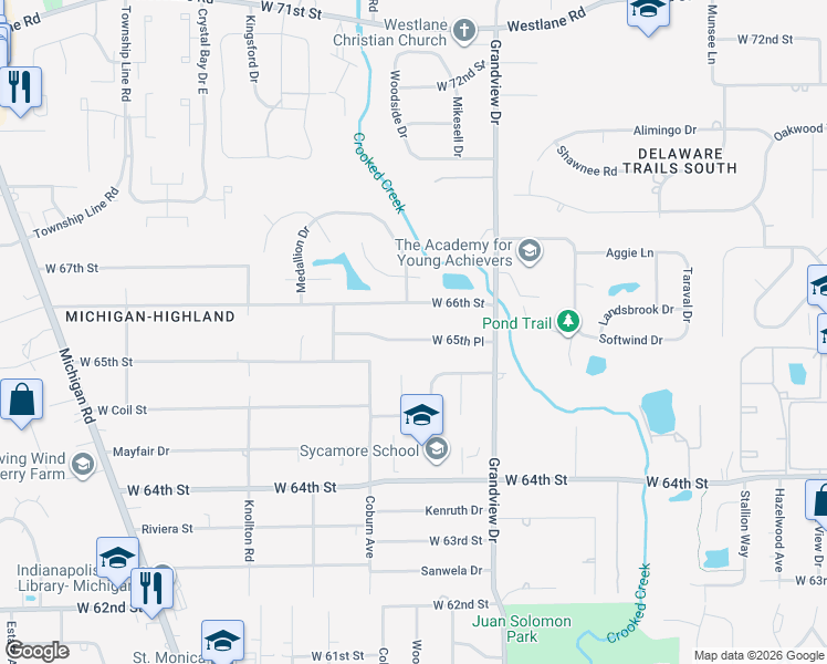 map of restaurants, bars, coffee shops, grocery stores, and more near 1751 West 65th Place in Indianapolis