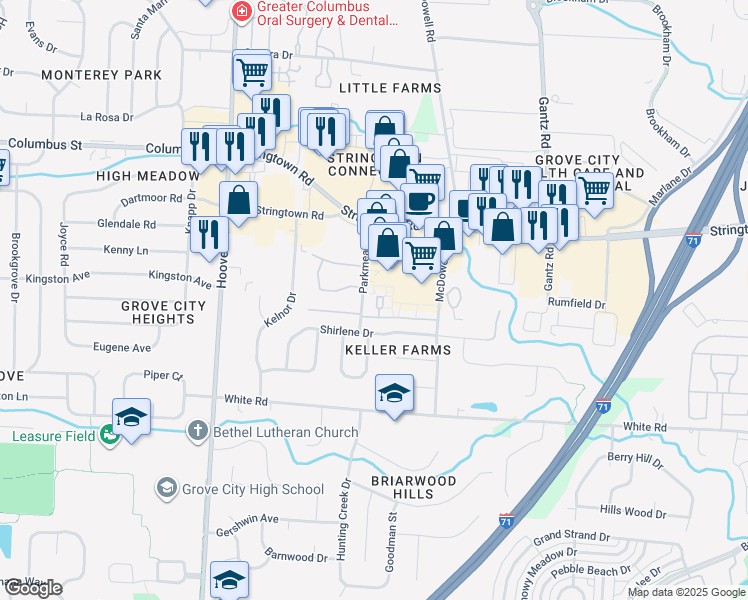 map of restaurants, bars, coffee shops, grocery stores, and more near 4243 Farr Court in Grove City
