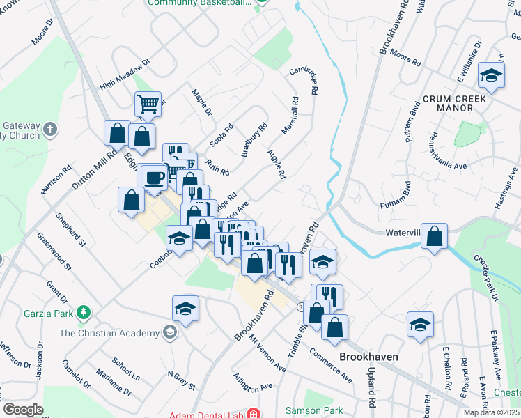 map of restaurants, bars, coffee shops, grocery stores, and more near 212 East Maple Avenue in Brookhaven