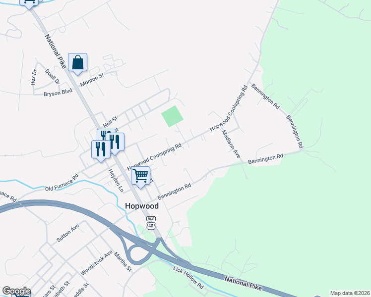 map of restaurants, bars, coffee shops, grocery stores, and more near 164 Hopwood Coolspring Road in Hopwood