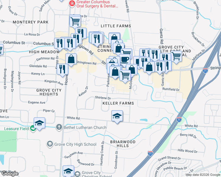 map of restaurants, bars, coffee shops, grocery stores, and more near 4193 Parkmead Drive in Grove City