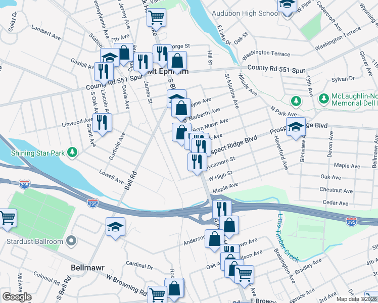 map of restaurants, bars, coffee shops, grocery stores, and more near 245 South Black Horse Pike in Mount Ephraim