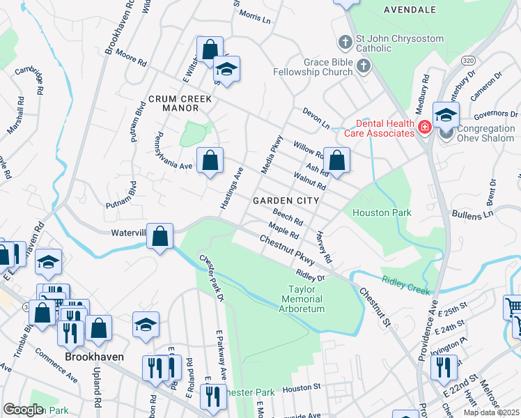 map of restaurants, bars, coffee shops, grocery stores, and more near 214 Beech Road in Nether Providence Township