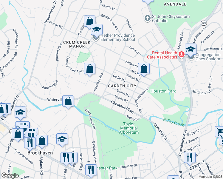 map of restaurants, bars, coffee shops, grocery stores, and more near 211 Maple Road in Nether Providence Township
