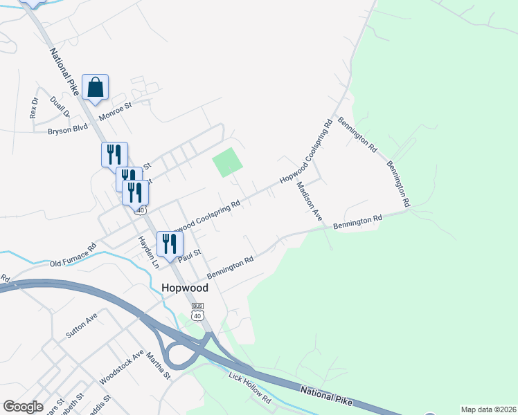 map of restaurants, bars, coffee shops, grocery stores, and more near 178 Hopwood Coolspring Road in Hopwood