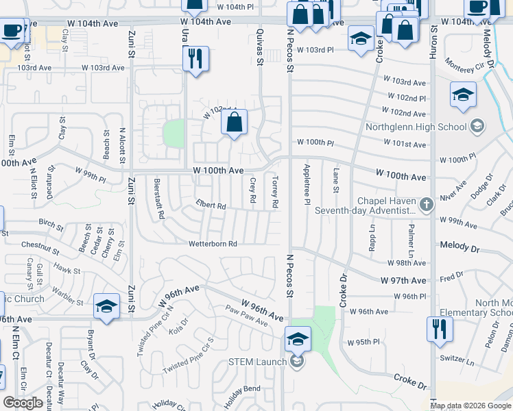 map of restaurants, bars, coffee shops, grocery stores, and more near 1674-1698 Elbert Rd in Thornton