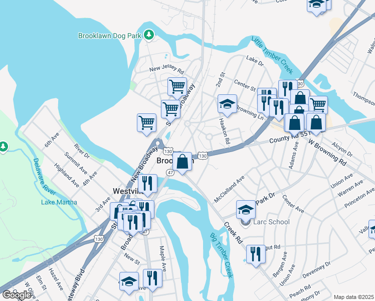 map of restaurants, bars, coffee shops, grocery stores, and more near 225 South Hannevig Avenue in Brooklawn