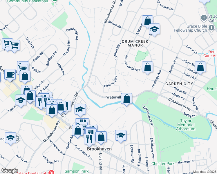 map of restaurants, bars, coffee shops, grocery stores, and more near 1130 Putnam Boulevard in Delaware County