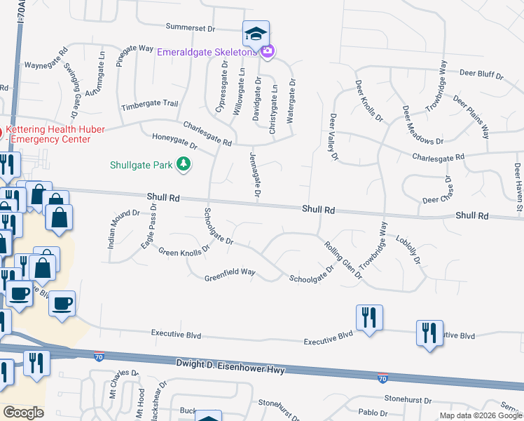 map of restaurants, bars, coffee shops, grocery stores, and more near 6263 Beacon Tree Court in Huber Heights