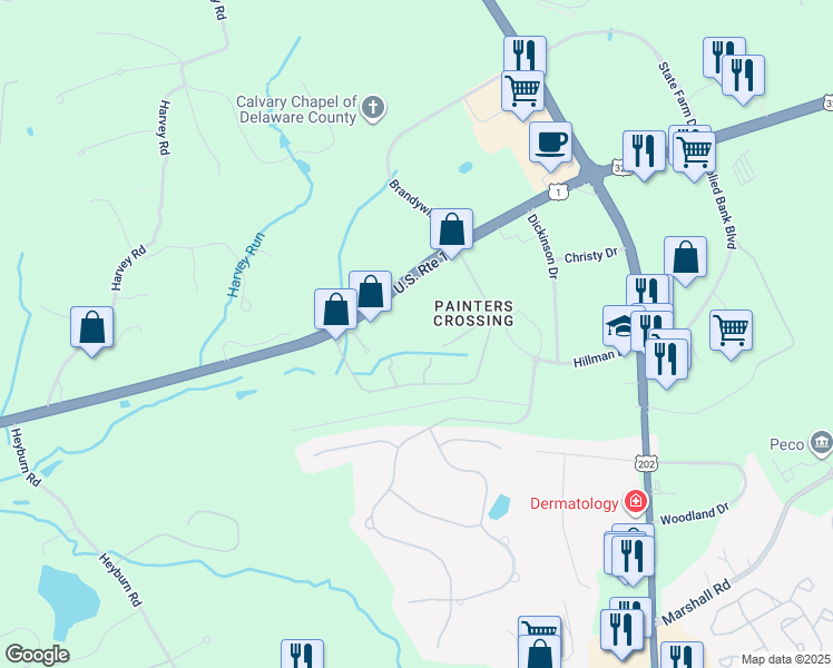 map of restaurants, bars, coffee shops, grocery stores, and more near 1268 Baltimore Pike in Chadds Ford