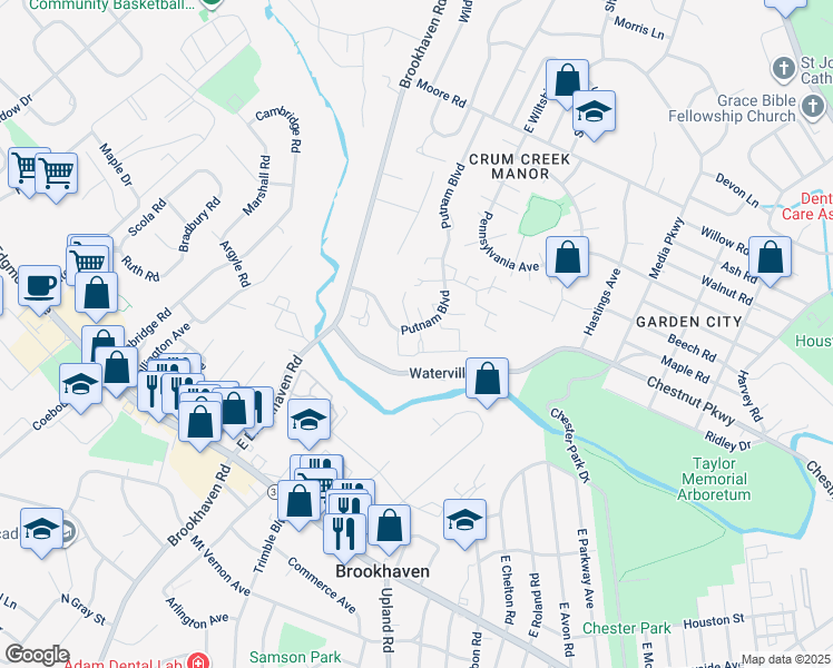 map of restaurants, bars, coffee shops, grocery stores, and more near 1130 Putnam Boulevard in Delaware County