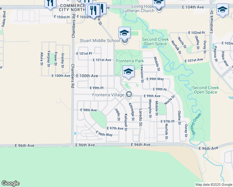 map of restaurants, bars, coffee shops, grocery stores, and more near 15813 East 98th Place in Commerce City