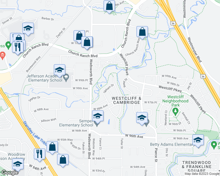 map of restaurants, bars, coffee shops, grocery stores, and more near 9839 Teller Court in Westminster