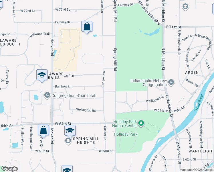 map of restaurants, bars, coffee shops, grocery stores, and more near 6505 Sunset Ln in Indianapolis
