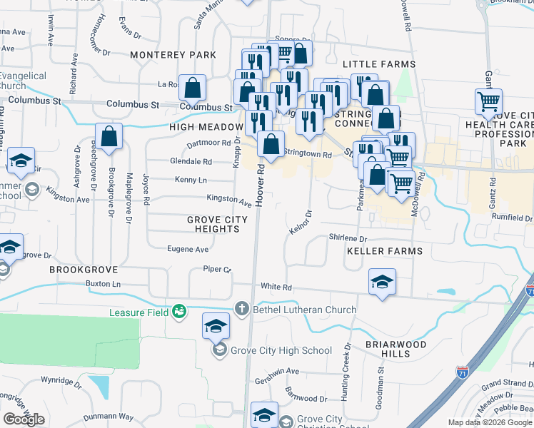 map of restaurants, bars, coffee shops, grocery stores, and more near 4277 Hoover Road in Grove City