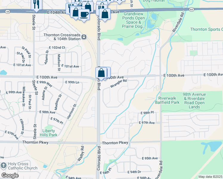 map of restaurants, bars, coffee shops, grocery stores, and more near 560 Sioux Trail in Thornton