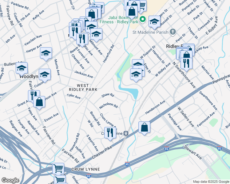 map of restaurants, bars, coffee shops, grocery stores, and more near 400 Glenlock Road in Ridley Park