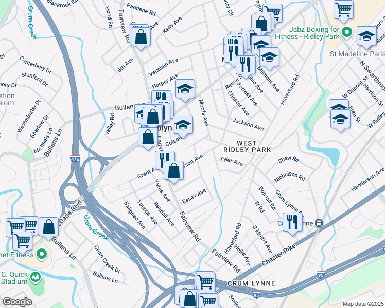 map of restaurants, bars, coffee shops, grocery stores, and more near 215 South Taylor Avenue in Woodlyn