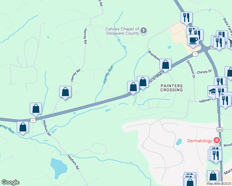 map of restaurants, bars, coffee shops, grocery stores, and more near 305 South Point Drive in Chadds Ford