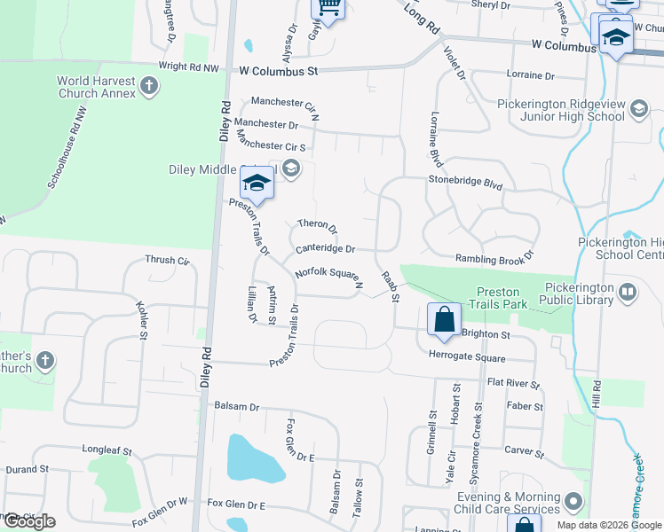 map of restaurants, bars, coffee shops, grocery stores, and more near 648 Norfolk Square North in Pickerington